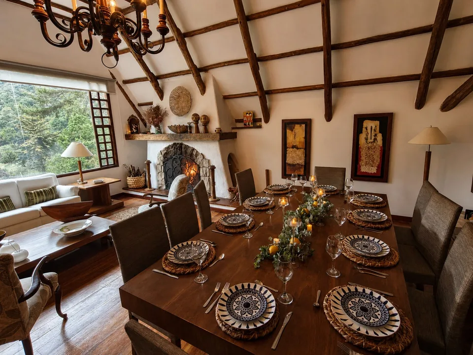 Mesa servida junto a la chimenea para una cena privada