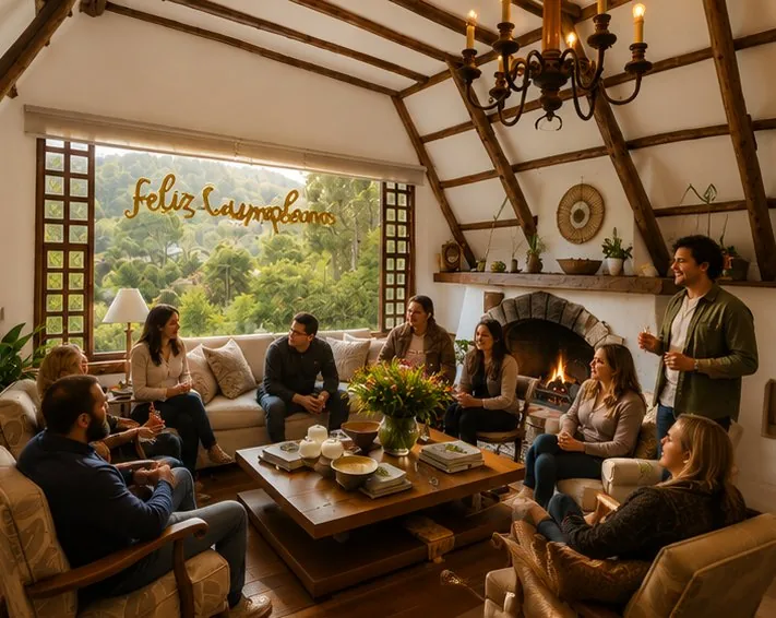 Sala con chimenea en la villa de Encuentro